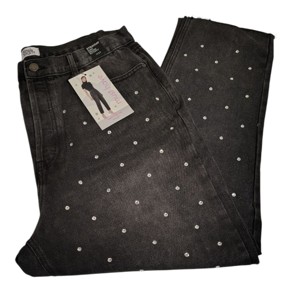 Embellished Black Jeans Simple Society Size 17/33 Rhinestone Button fly